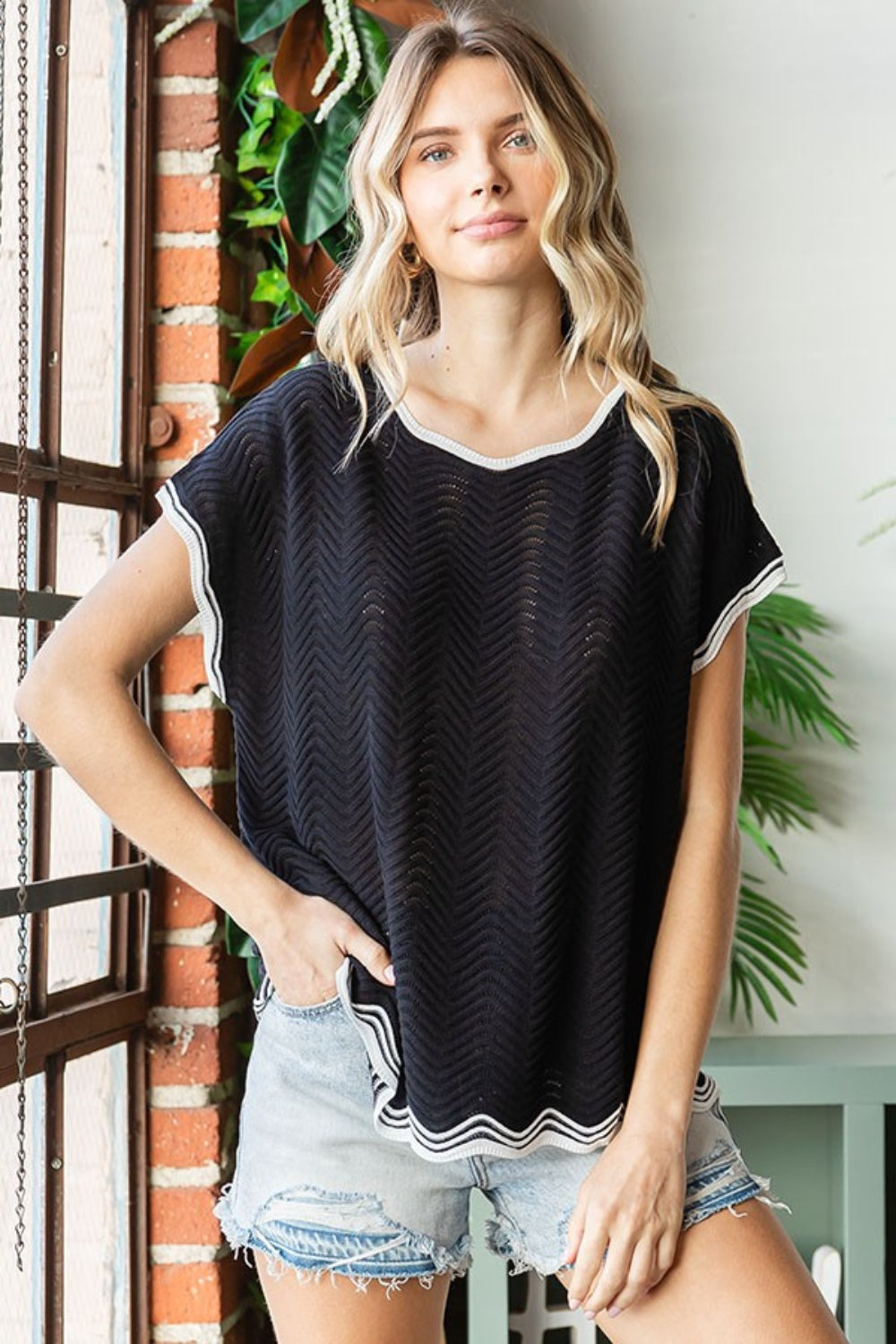 First Love Full Size Contrast Wavy Crochet Drop Shoulder Knit Top - Ryzela