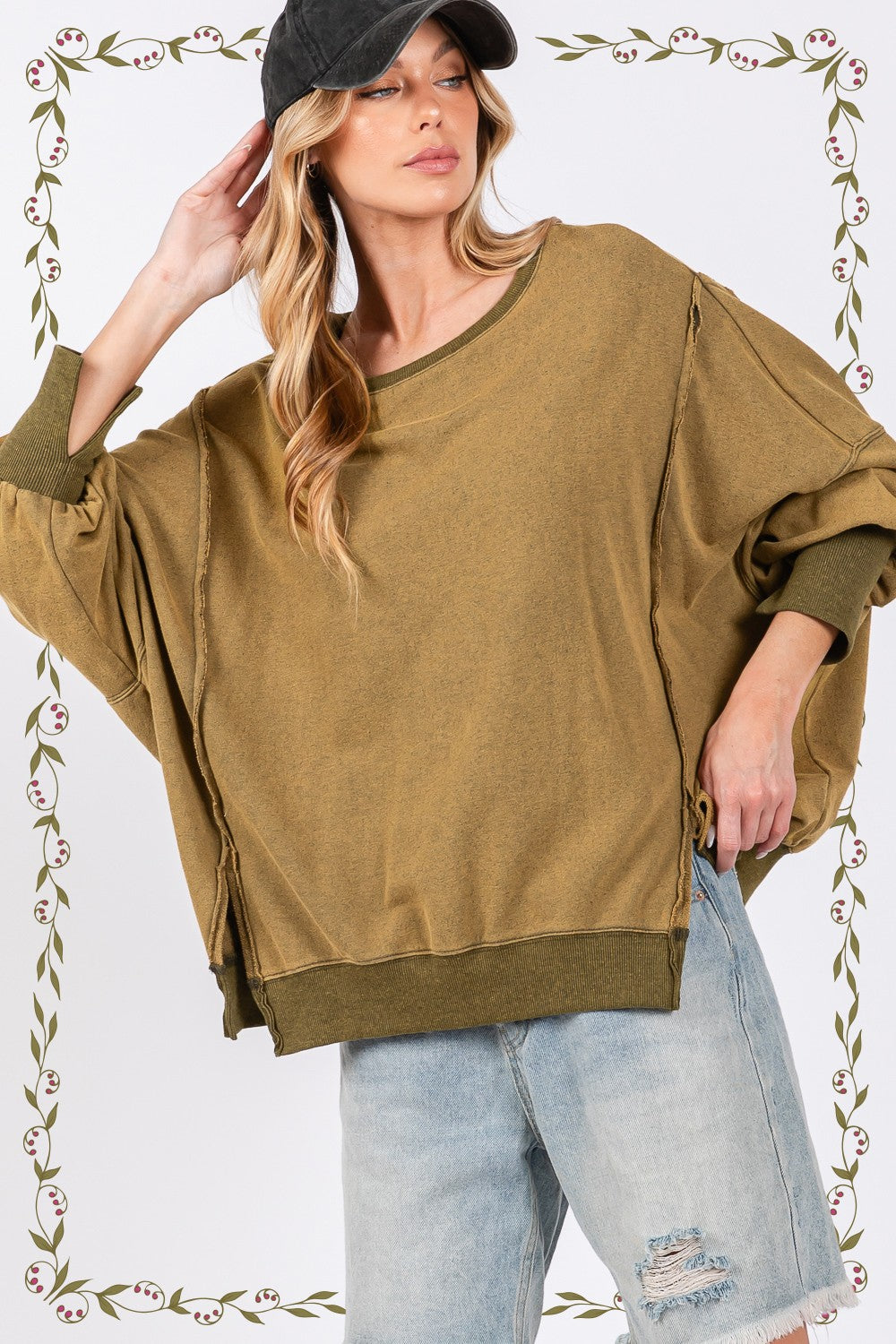 SAGE + FIG Mineral Wash Side Slit Oversized Sweatshirt - Ryzela