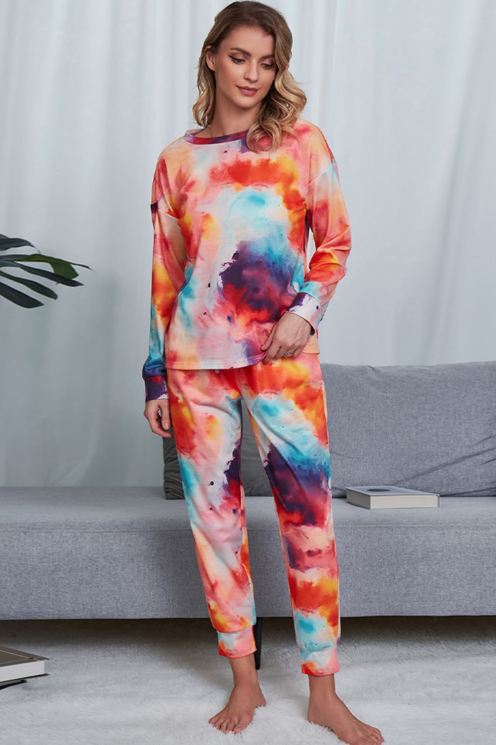 Tie-Dye Crewneck Top and Drawstring Waist Joggers Lounge Set - Ryzela