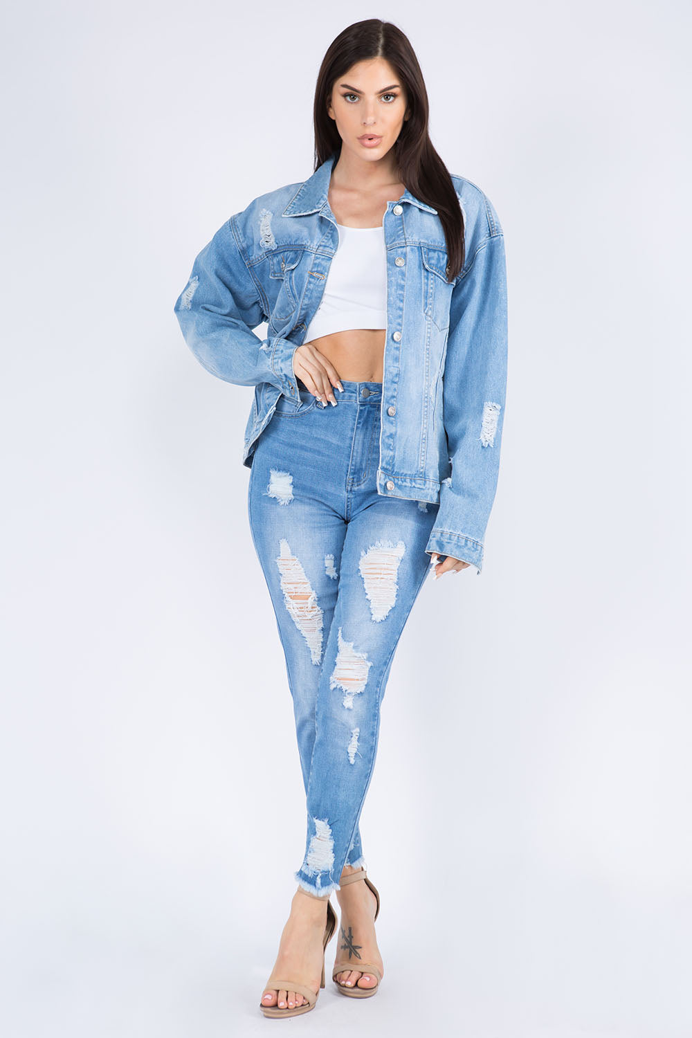 American Bazi Full Size Painted Back Distressed Denim Jacket - Ryzela