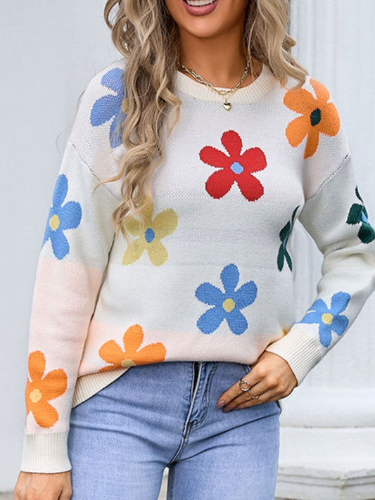 Flower Round Neck Long Sleeve Sweater - Ryzela