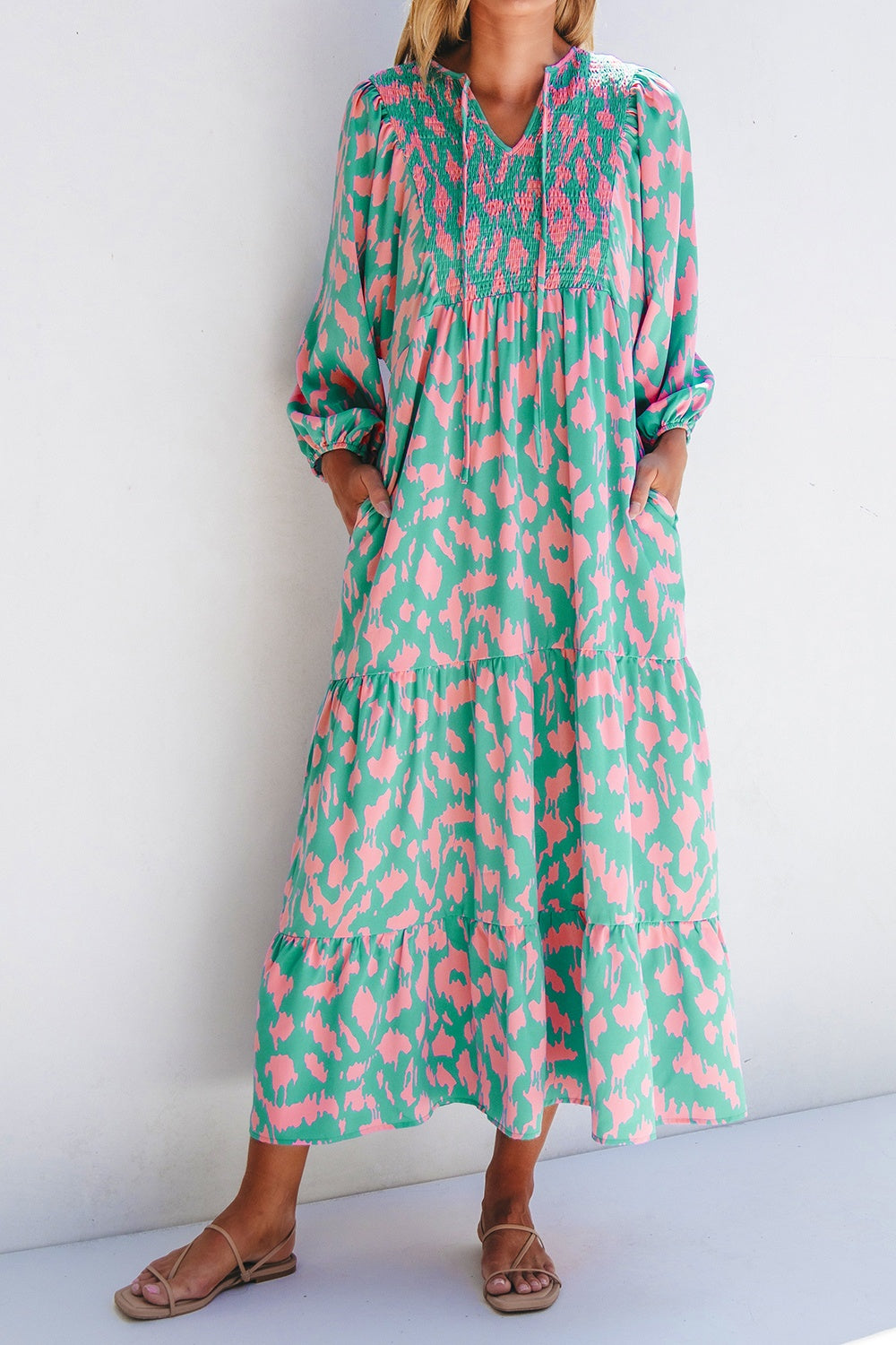 Smocked Printed Tie Neck Long Sleeve Dress - Ryzela