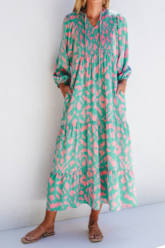 Smocked Printed Tie Neck Long Sleeve Dress - Ryzela