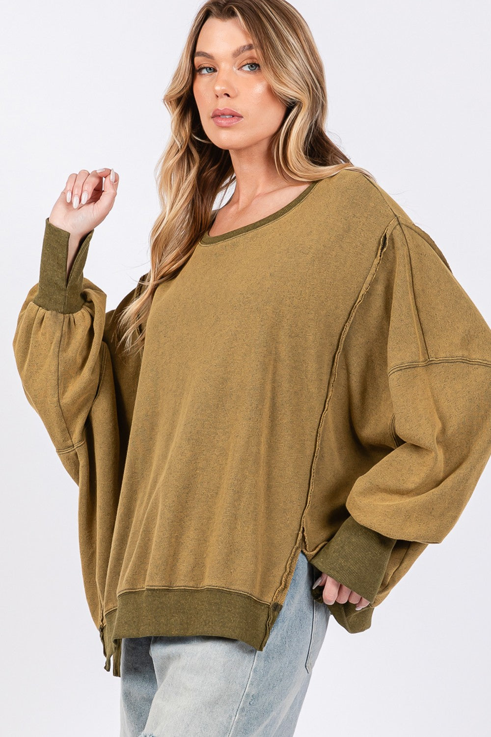 SAGE + FIG Mineral Wash Side Slit Oversized Sweatshirt - Ryzela