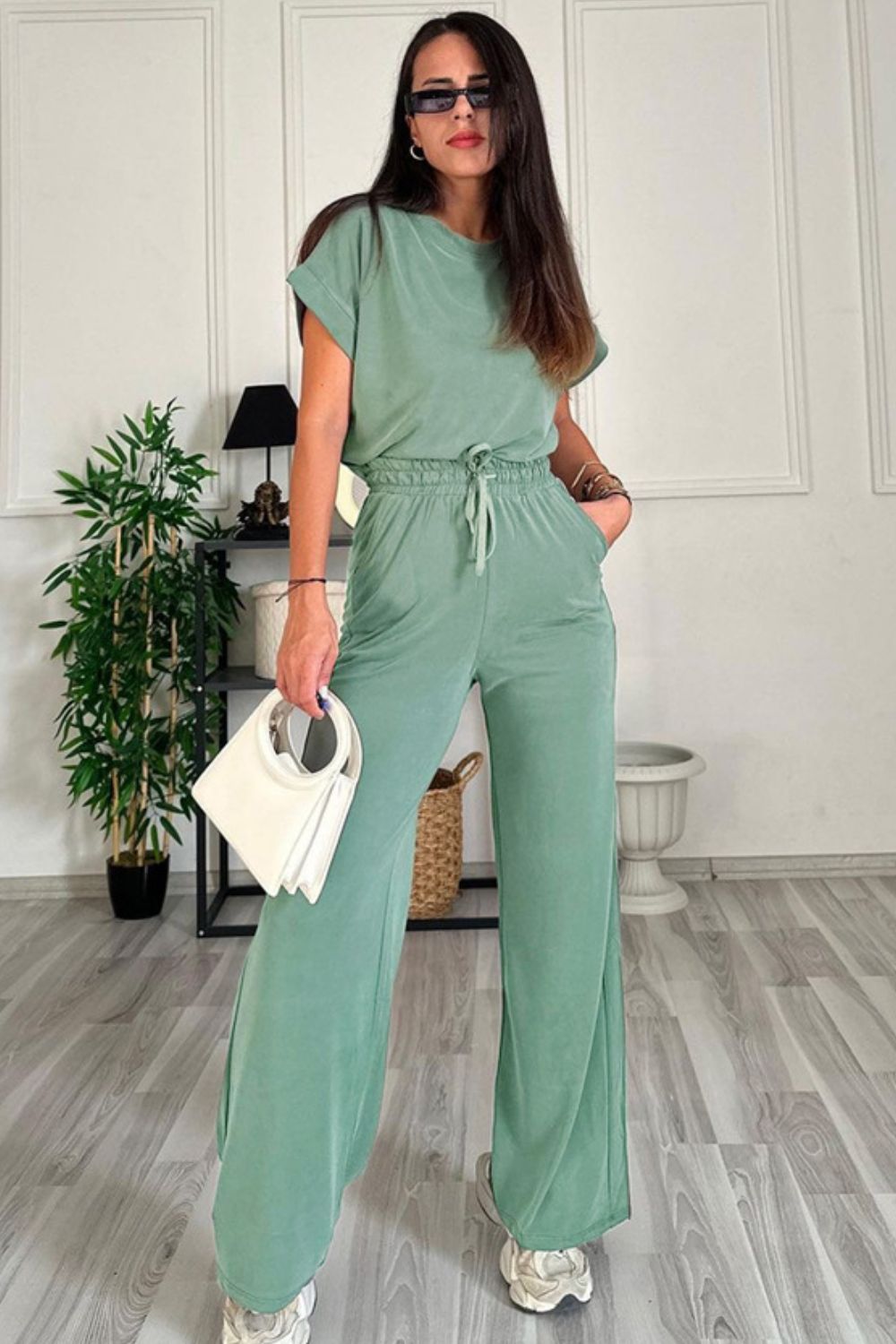 Round Neck Short Sleeve Top and Drawstring Pants Set - Ryzela