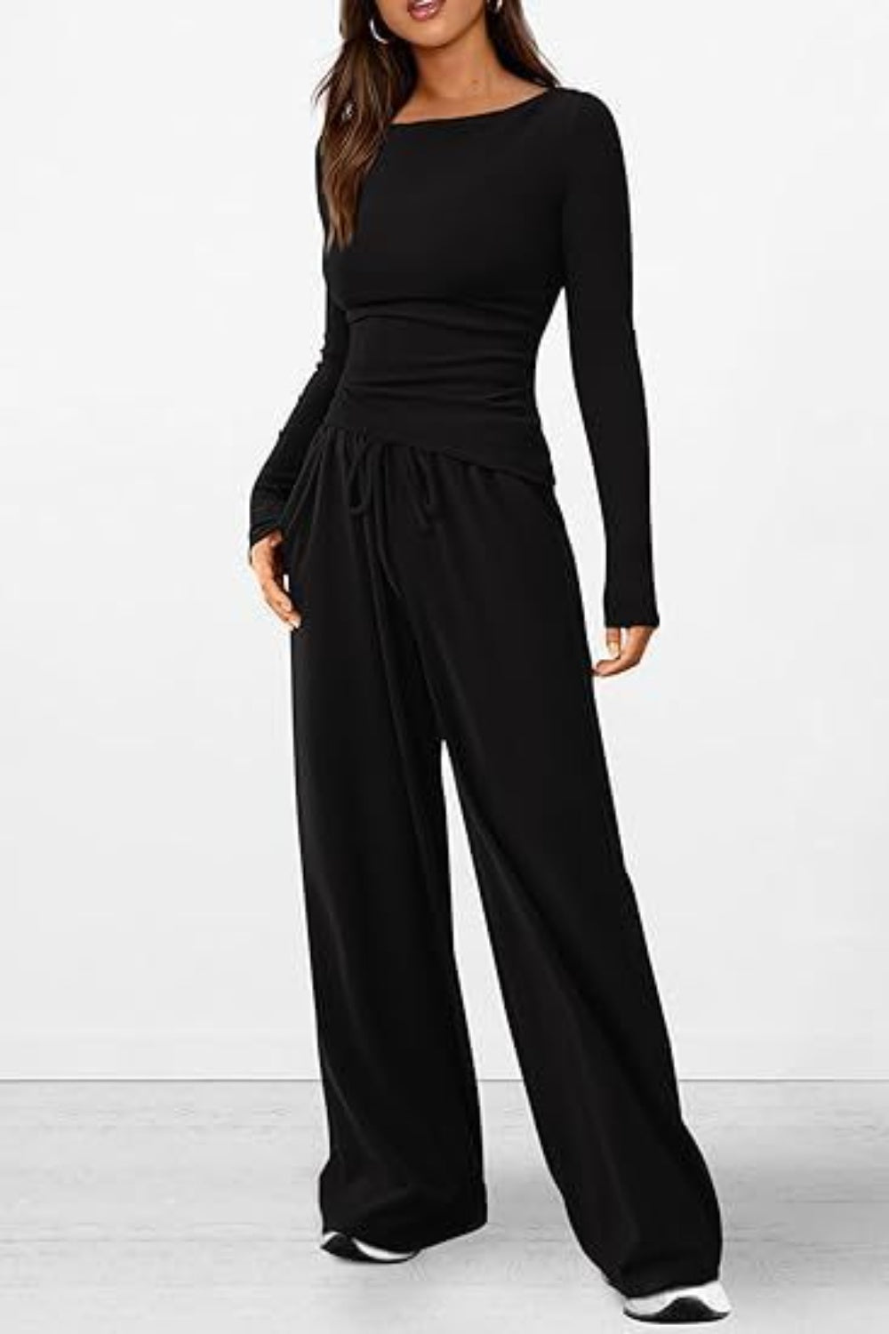 Round Neck Long Sleeve Top and Pants Set - Ryzela