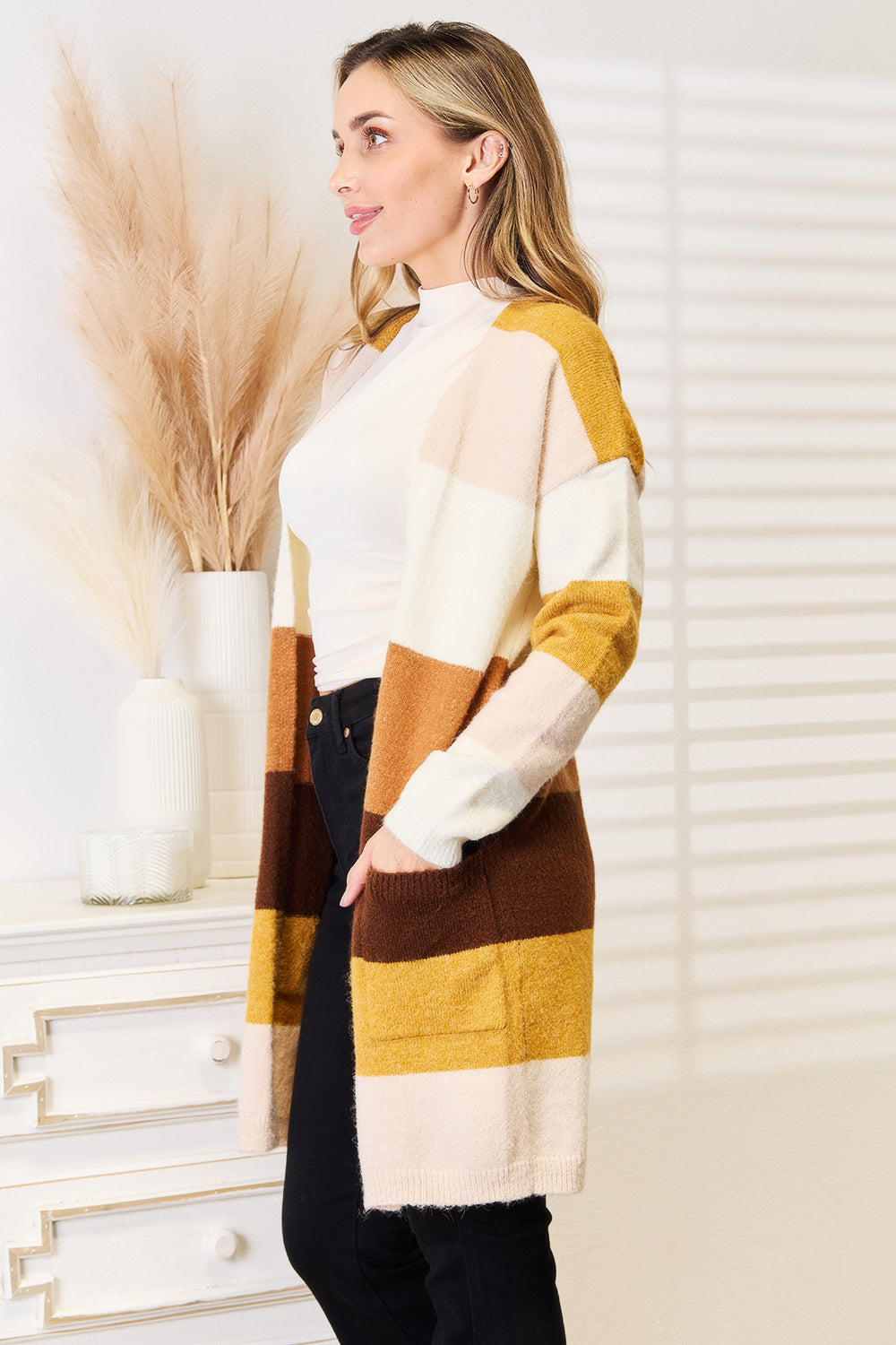 Woven Right Color Block Dropped Shoulder Cardigan - Ryzela