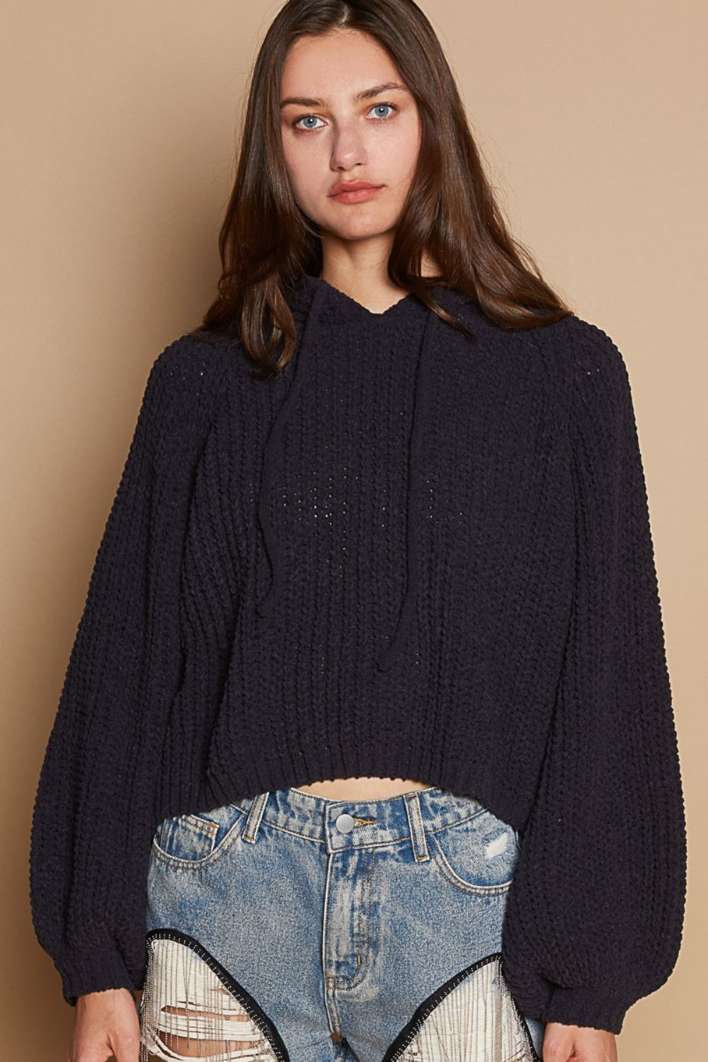 POL Back Open Slit Balloon Sleeve Crop Hooded Sweater - Ryzela