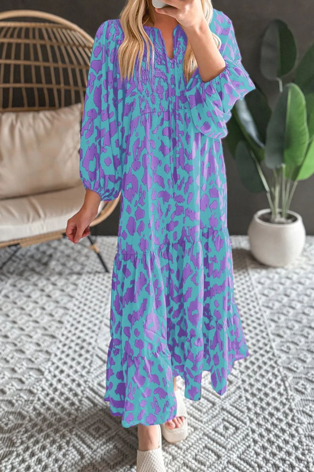 Smocked Printed Tie Neck Long Sleeve Dress - Ryzela