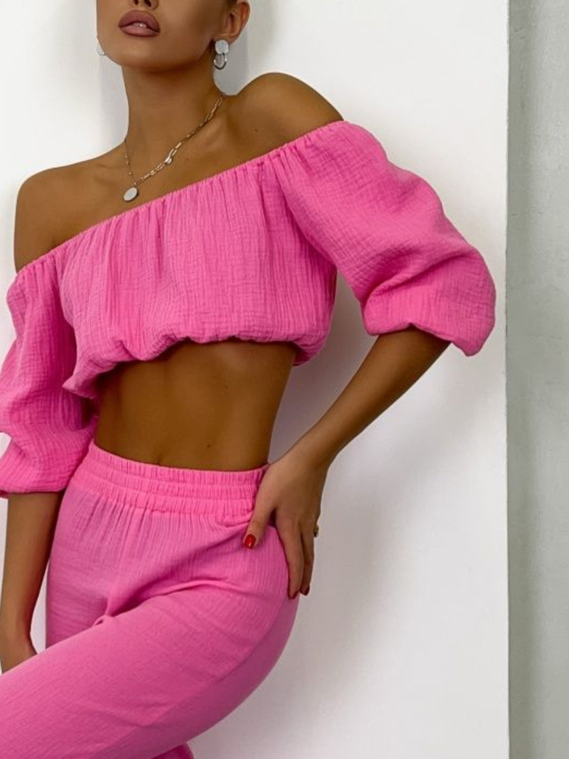 Off Shoulder Long Sleeve Top and Pants Set - Ryzela