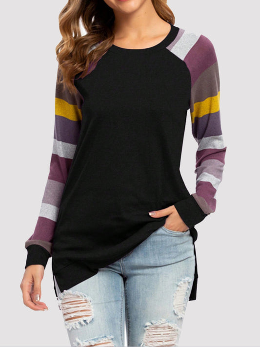 Color Block Round Neck Long Sleeve T-Shirt - Ryzela