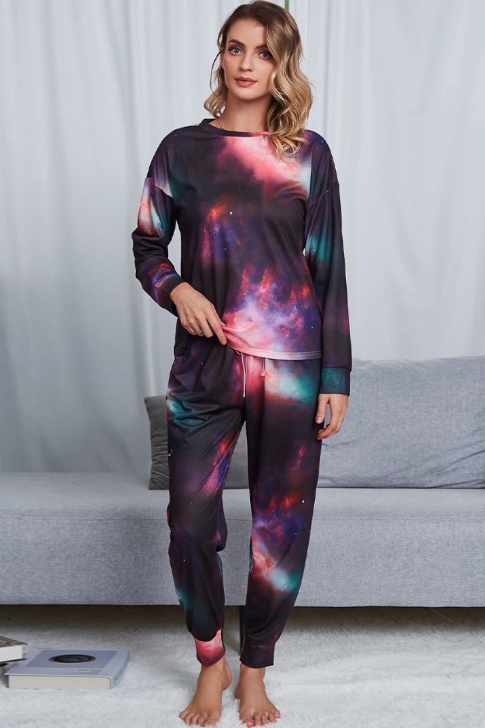 Tie-Dye Crewneck Top and Drawstring Waist Joggers Lounge Set - Ryzela