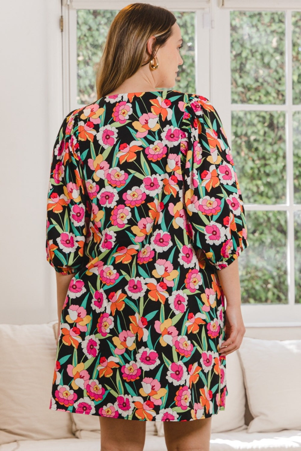 ODDI Full Size Floral Puff Sleeve Mini Dress - Ryzela