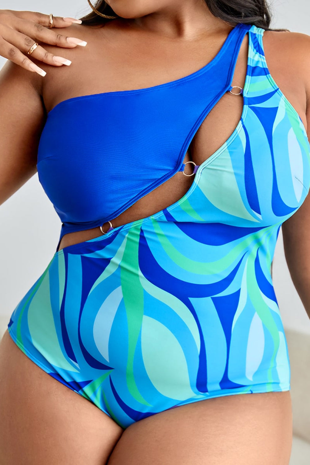 Plus Size Printed Ring Detail One-Shoulder One-Piece Swimsuit - Ryzela