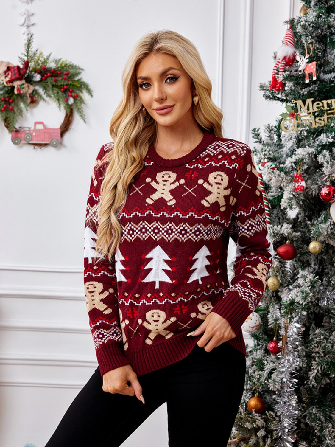 Gingerbread Round Neck Long Sleeve Sweater - Ryzela