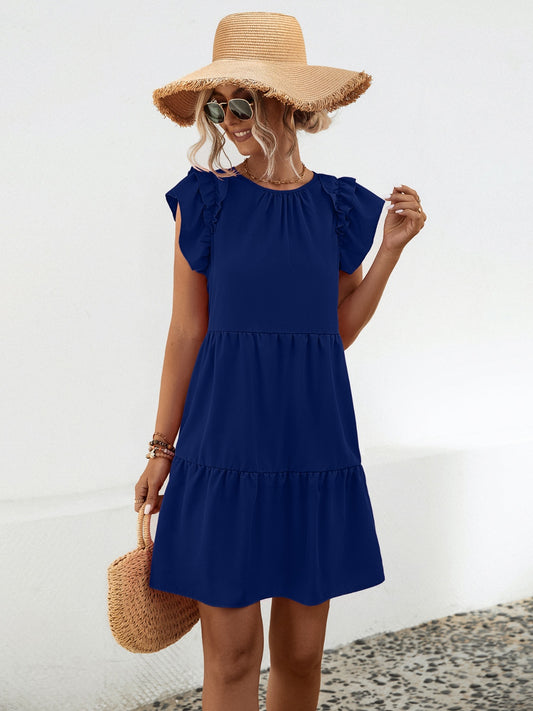 Ruffled Round Neck Cap Sleeve Mini Dress - Ryzela