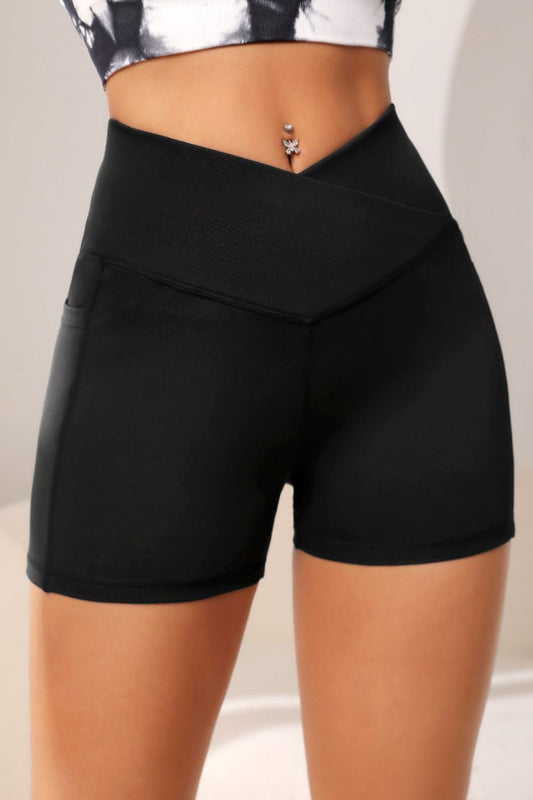 Wide Waistband Active Shorts with Pocket - Ryzela