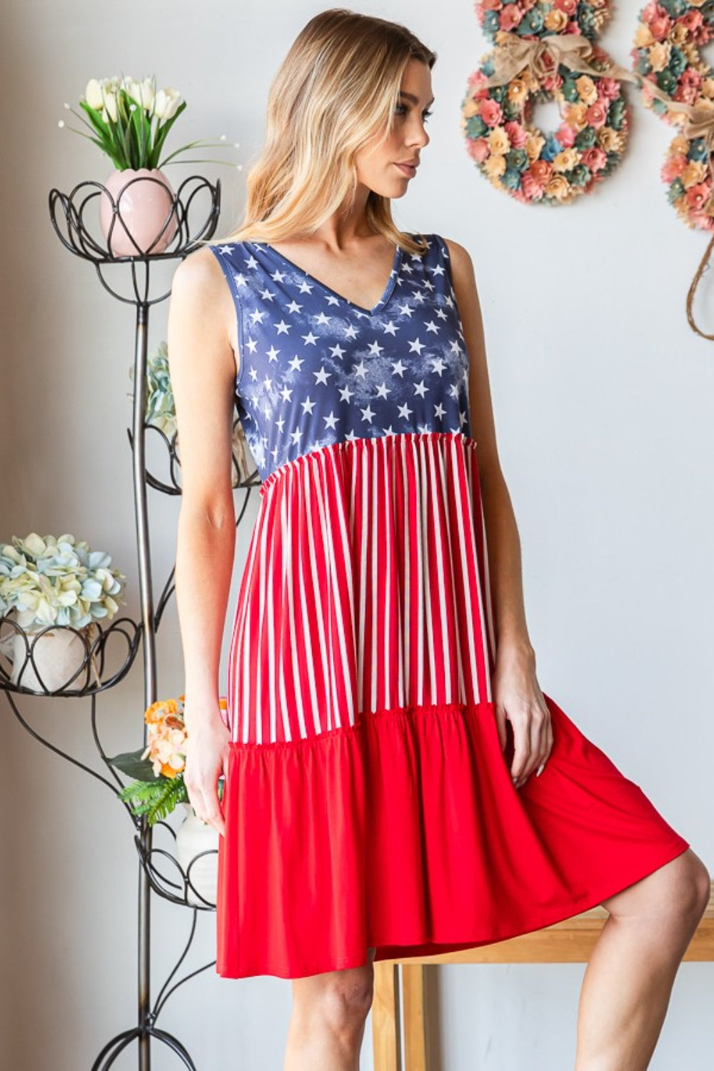 Heimish Full Size US Flag Theme Contrast Tank Dress - Ryzela