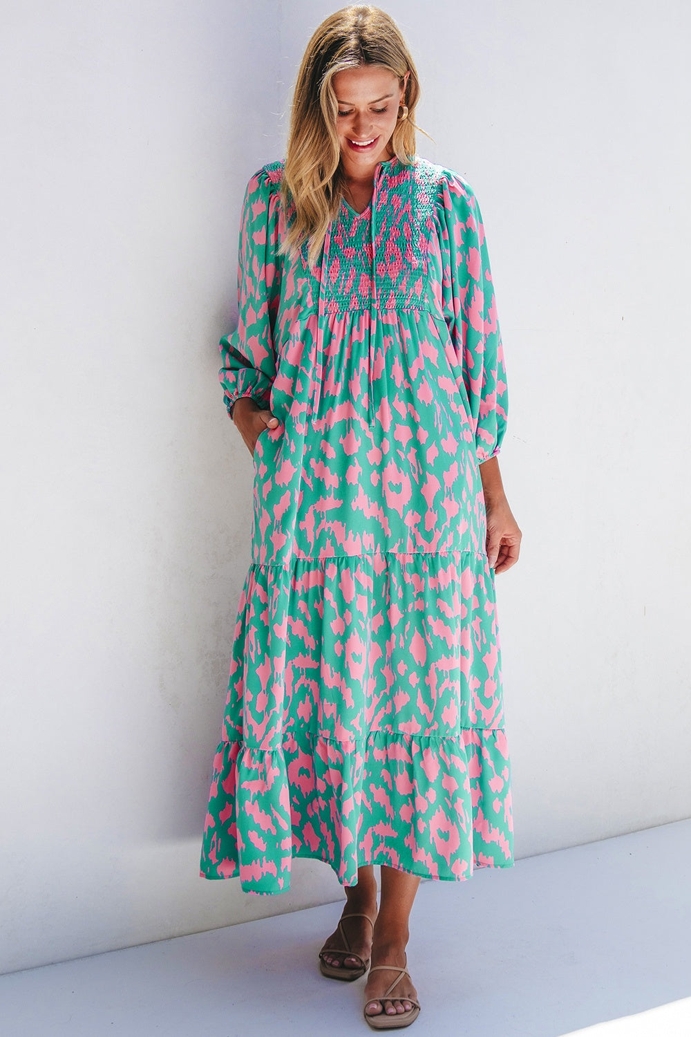 Smocked Printed Tie Neck Long Sleeve Dress - Ryzela