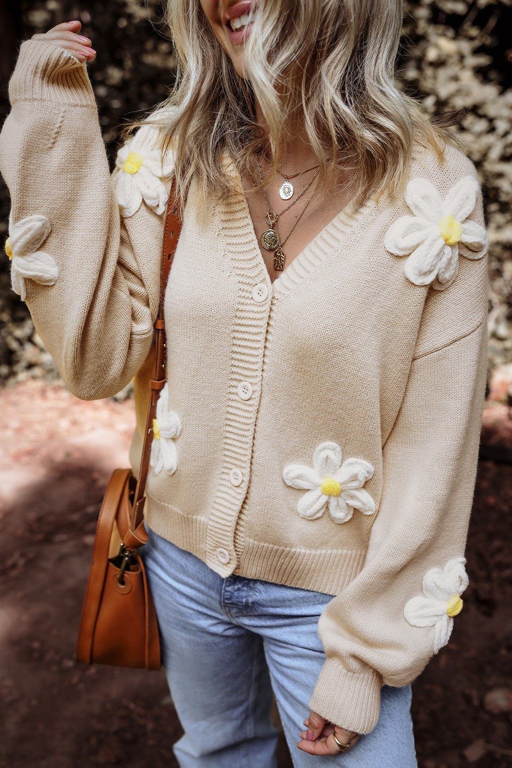 Flower Dropped Shoulder Long Sleeve Cardigan - Ryzela