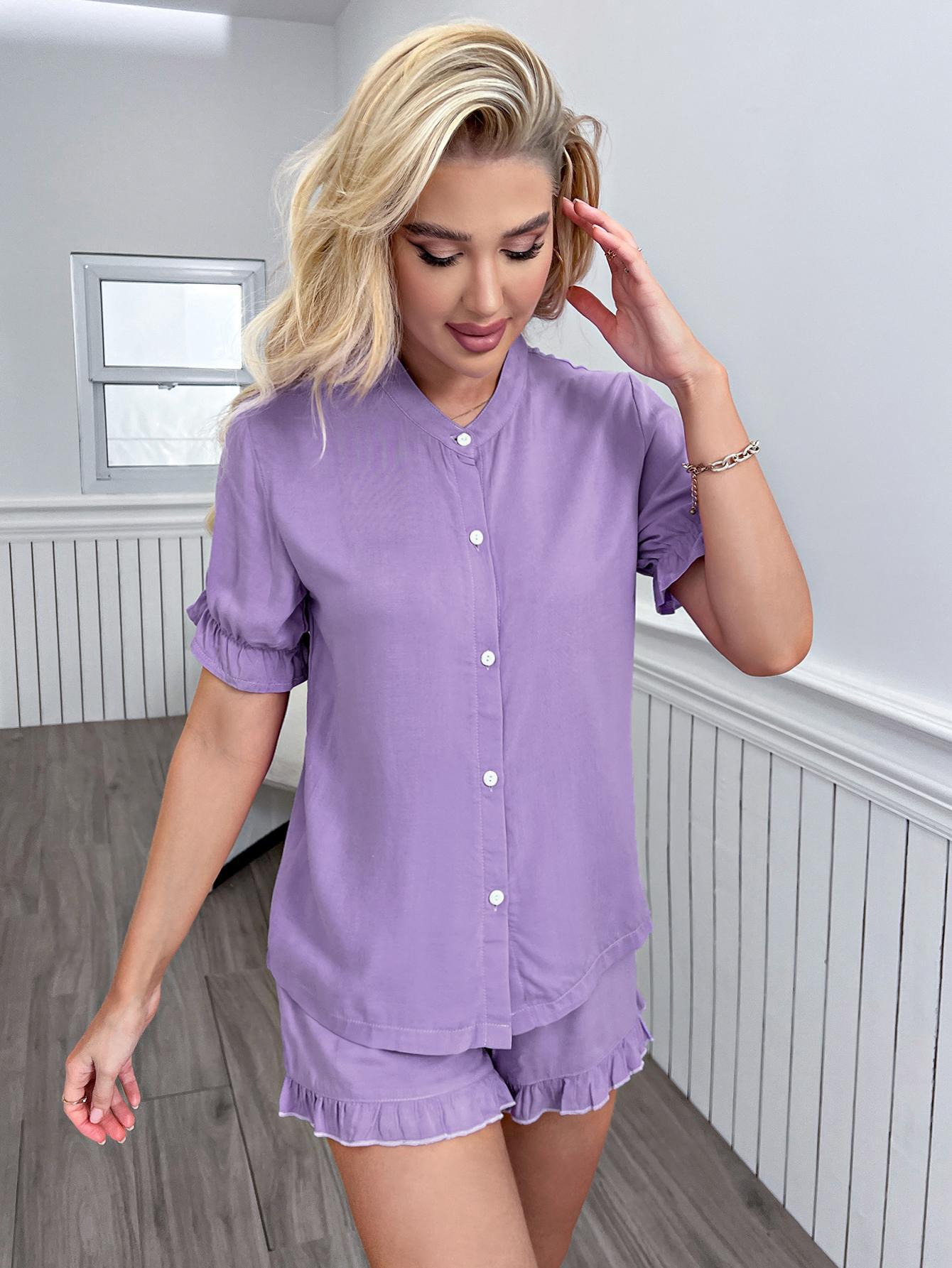 Flounce Sleeve Shirt and Frill Trim Shorts Lounge Set - Ryzela