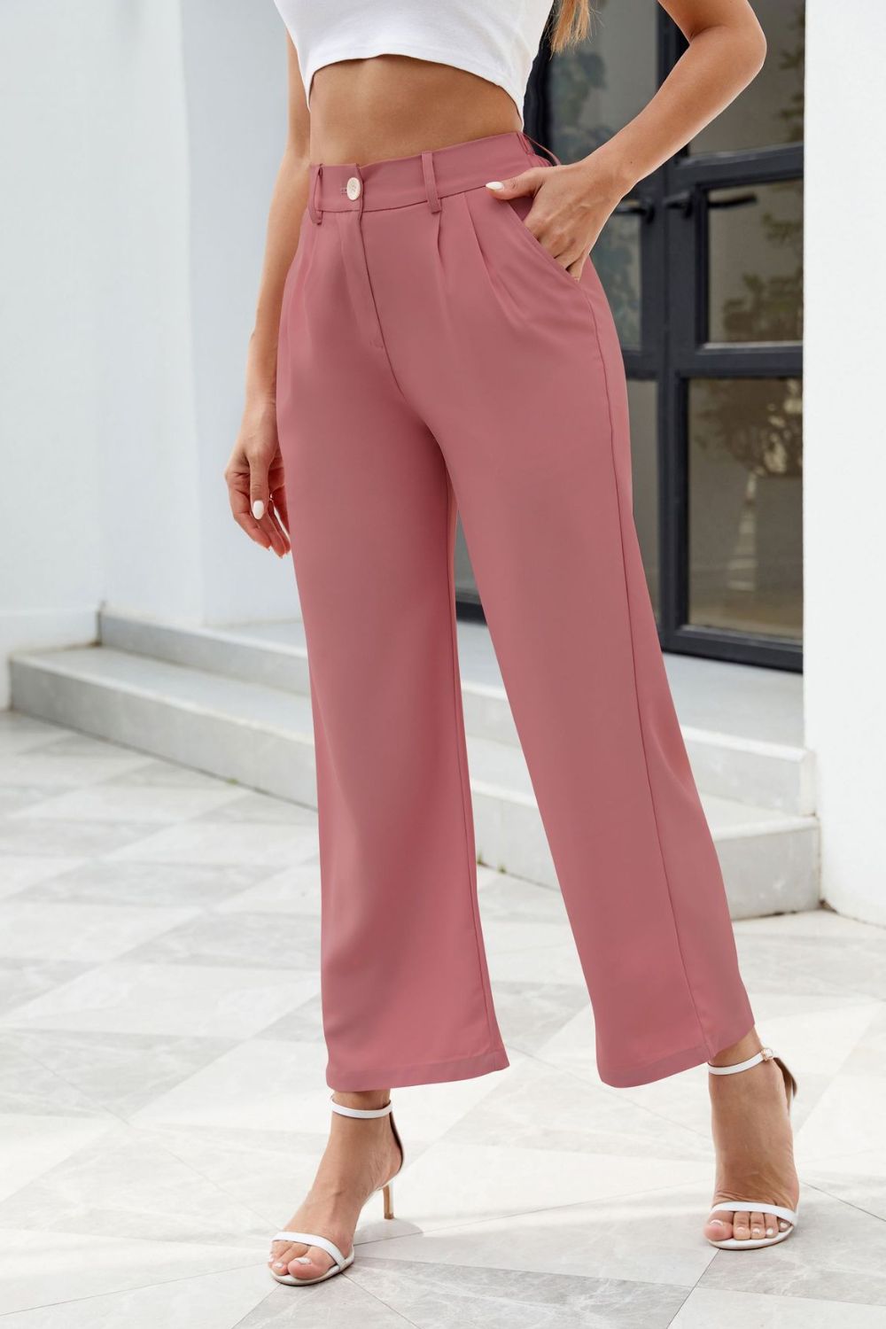 Pocketed High Waist Pants - Ryzela