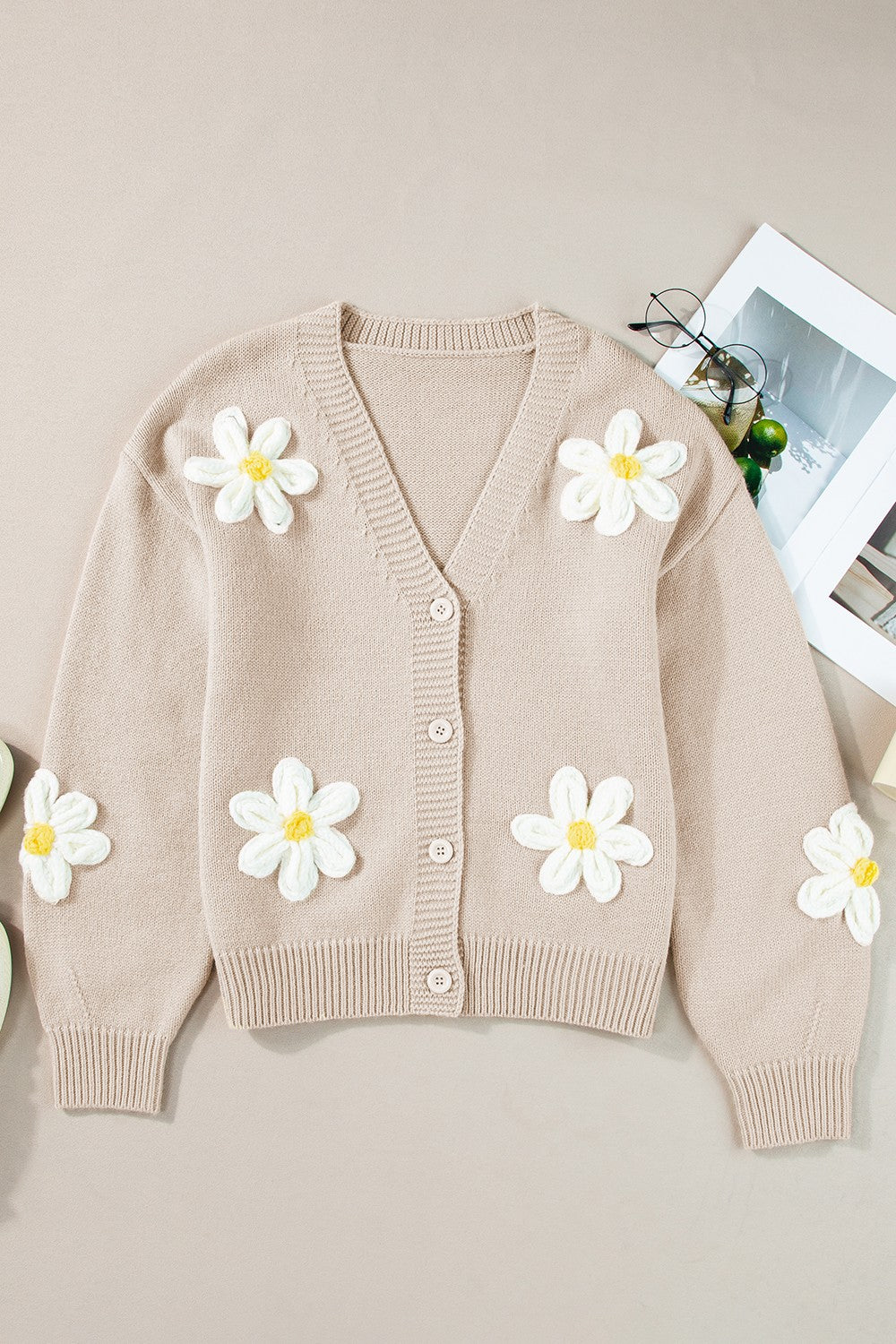 Flower Dropped Shoulder Long Sleeve Cardigan - Ryzela