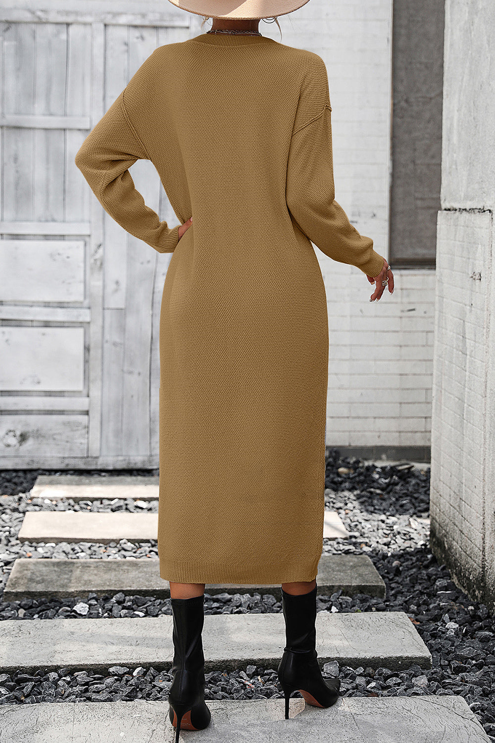 Decorative Button Notched Dropped Shoulder Sweater Dress - Ryzela