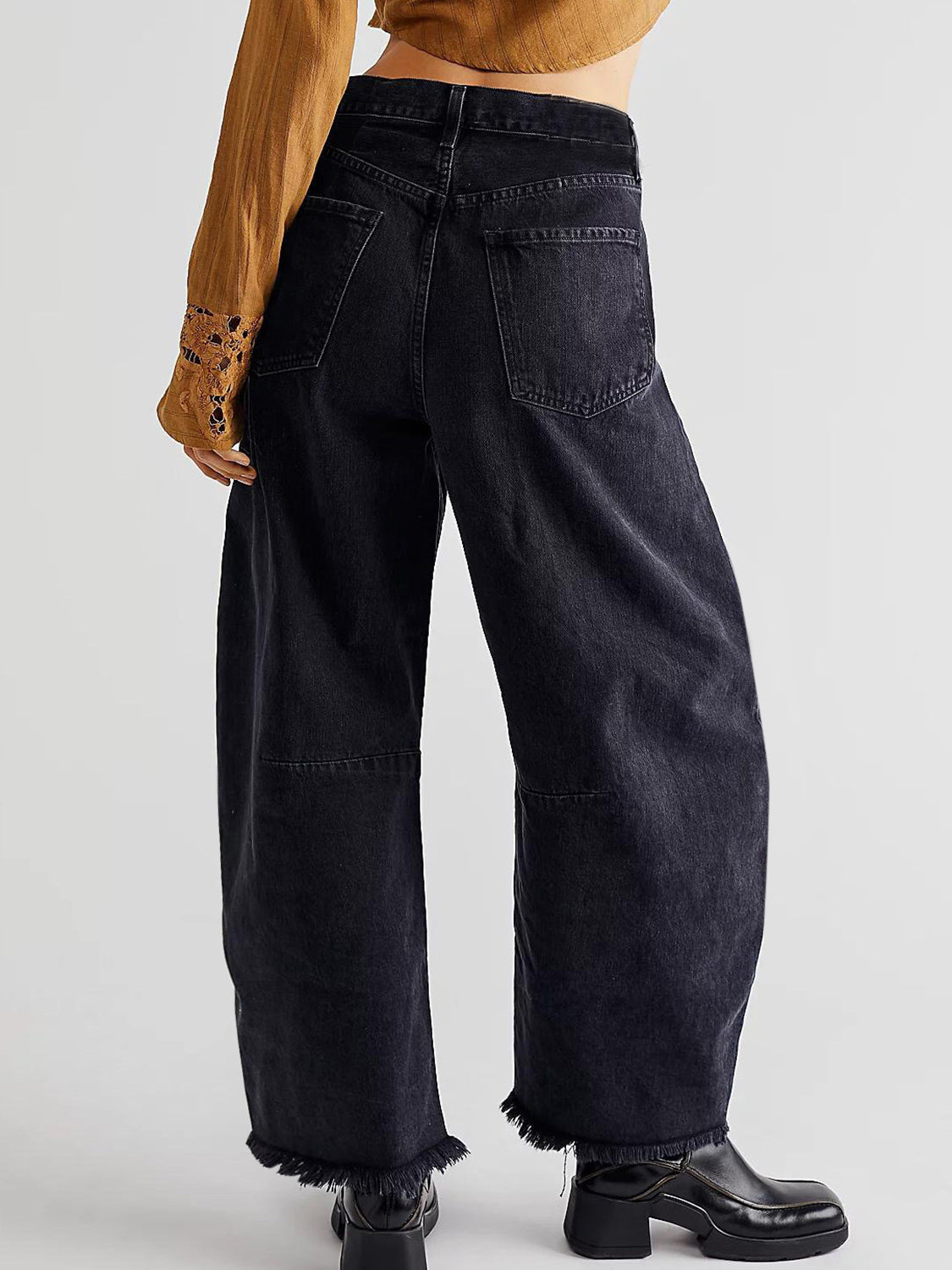 Raw Hem Wide Leg Jeans with Pockets - Ryzela
