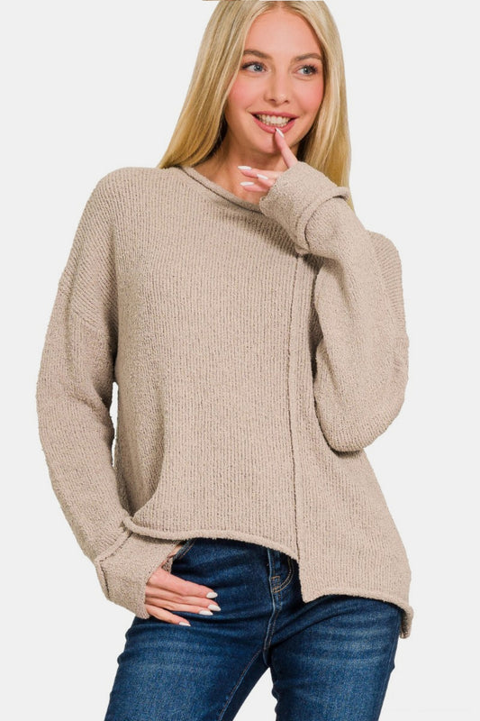 Zenana Asymmetric Hem Drop Shoulder Sweater - Ryzela