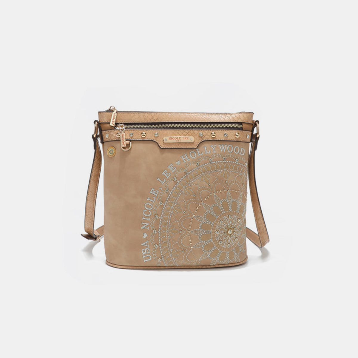 Nicole Lee USA Metallic Stitching Embroidery Inlaid Rhinestone Crossbody Bag - Ryzela