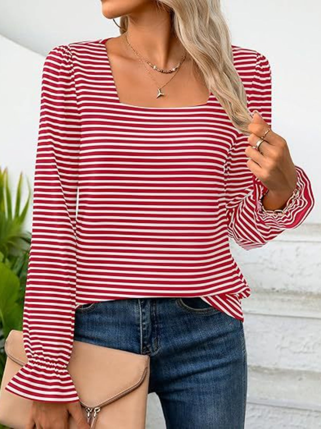 Striped Square Neck Flounce Sleeve Top - Ryzela