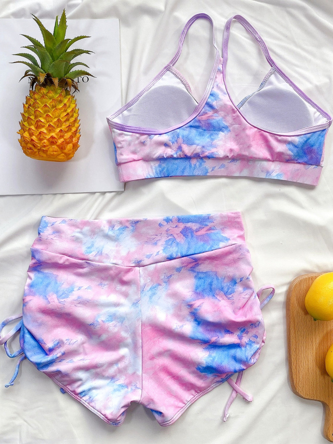 Tie-Dye Spaghetti Strap Top and Drawstring Shorts Swim Set - Ryzela