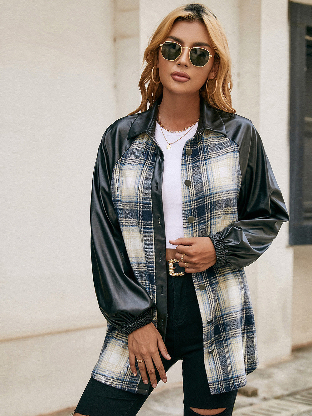 Plaid Button Down Raglan Sleeve Jacket - Ryzela