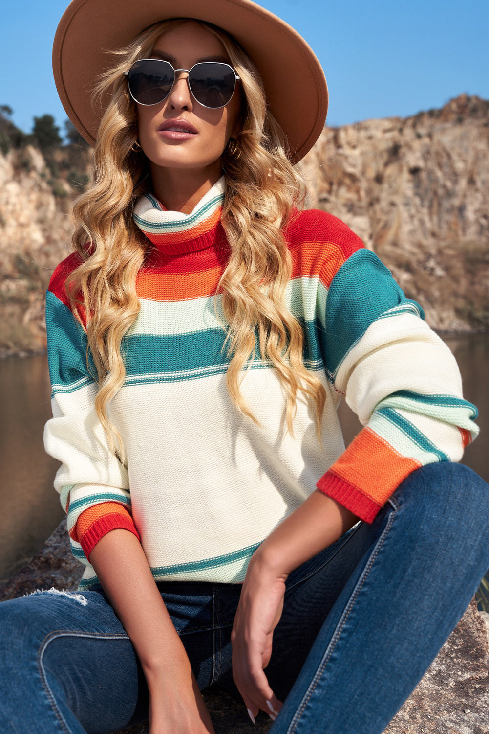 Striped Turtleneck Drop Shoulder Sweater  Trendsi   