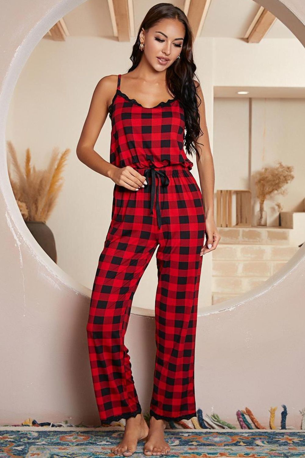 Plaid Lace Trim Spaghetti Strap Jumpsuit - Ryzela