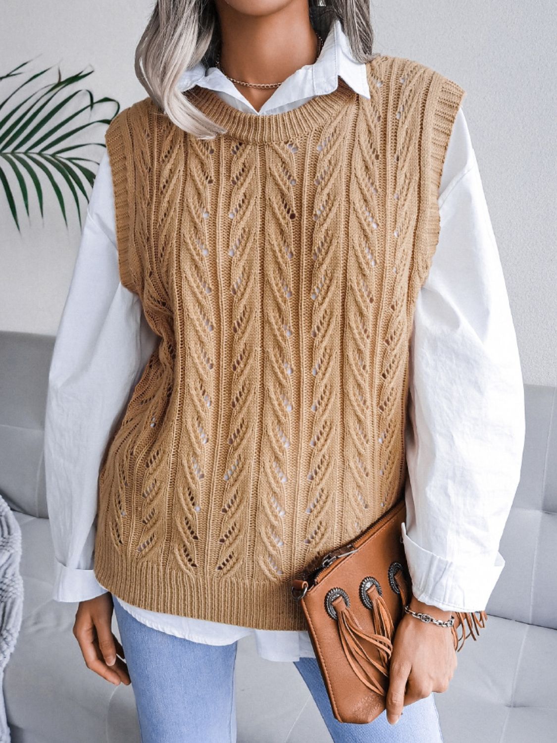 Round Neck Openwork Capped Sleeve Sweater Vest - Ryzela