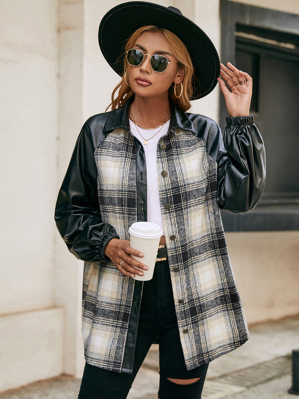 Plaid Button Down Raglan Sleeve Jacket - Ryzela