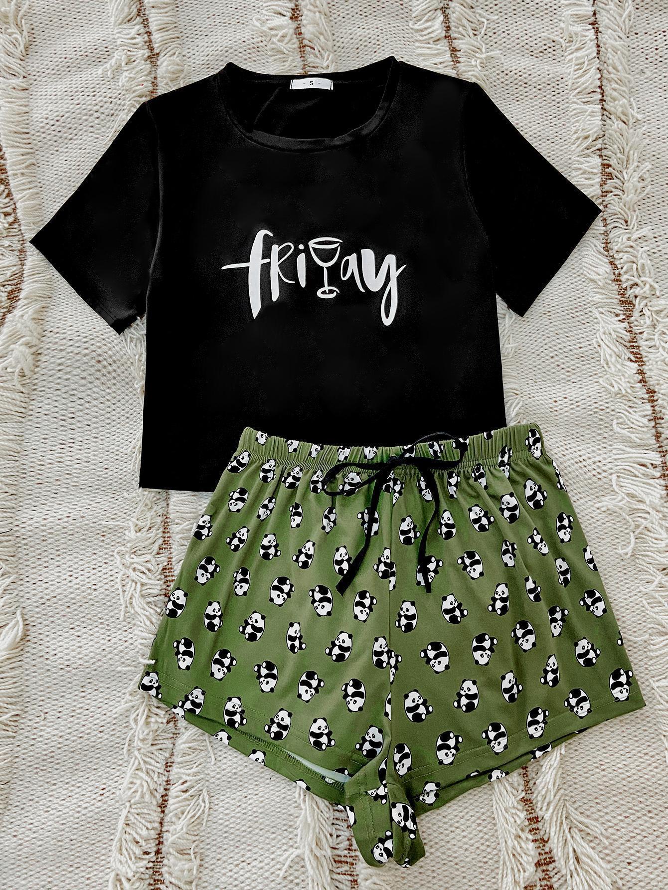 Graphic Tee and Panda Print Shorts Lounge Set - Ryzela