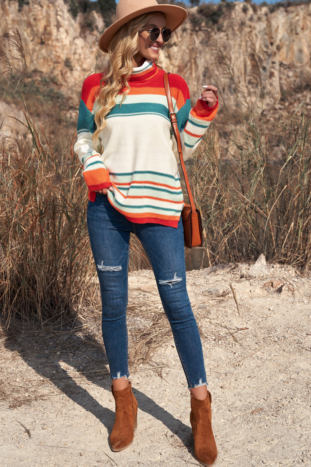 Striped Turtleneck Drop Shoulder Sweater  Trendsi   