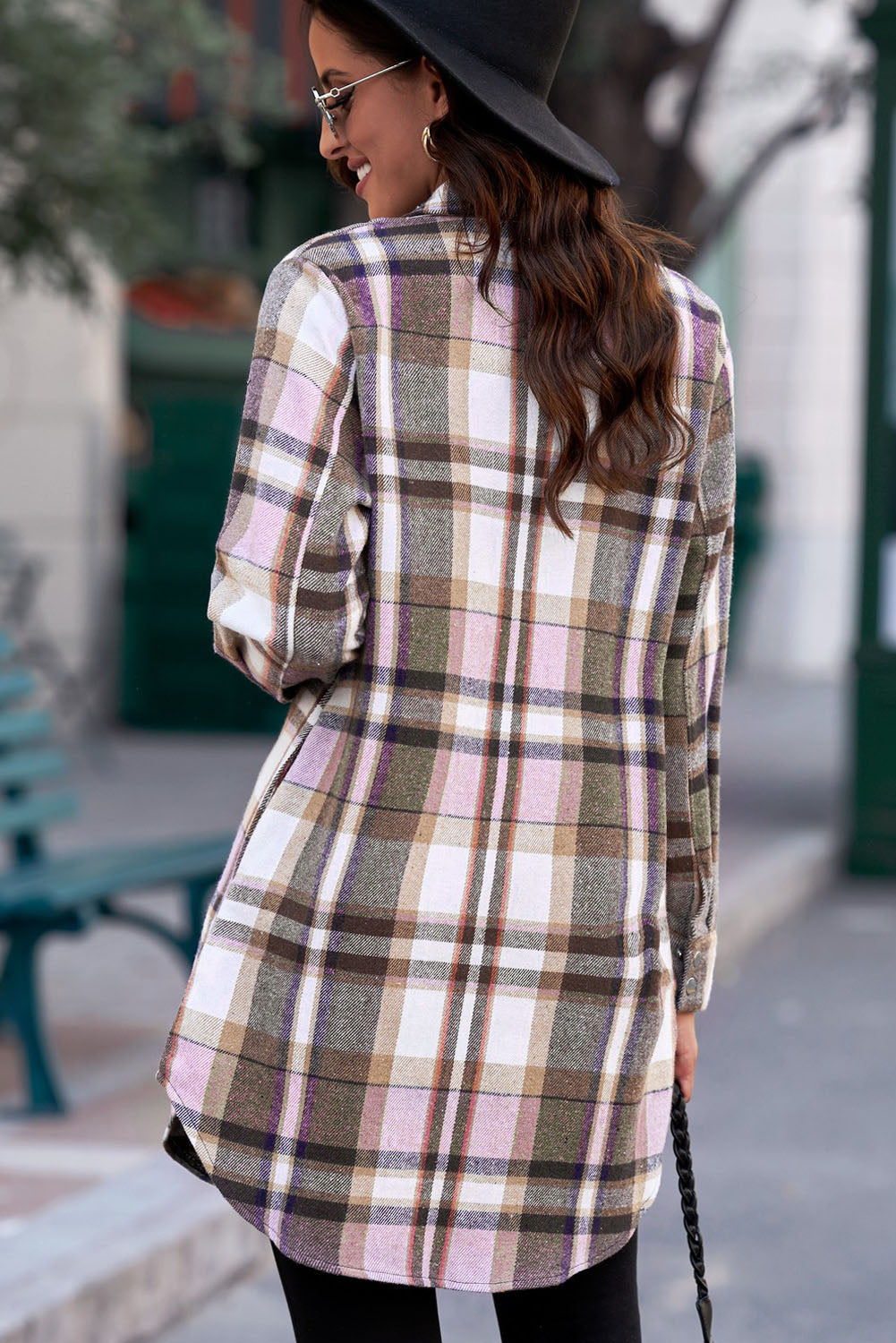 Plaid Button-Up Longline Shirt Jacket - Ryzela