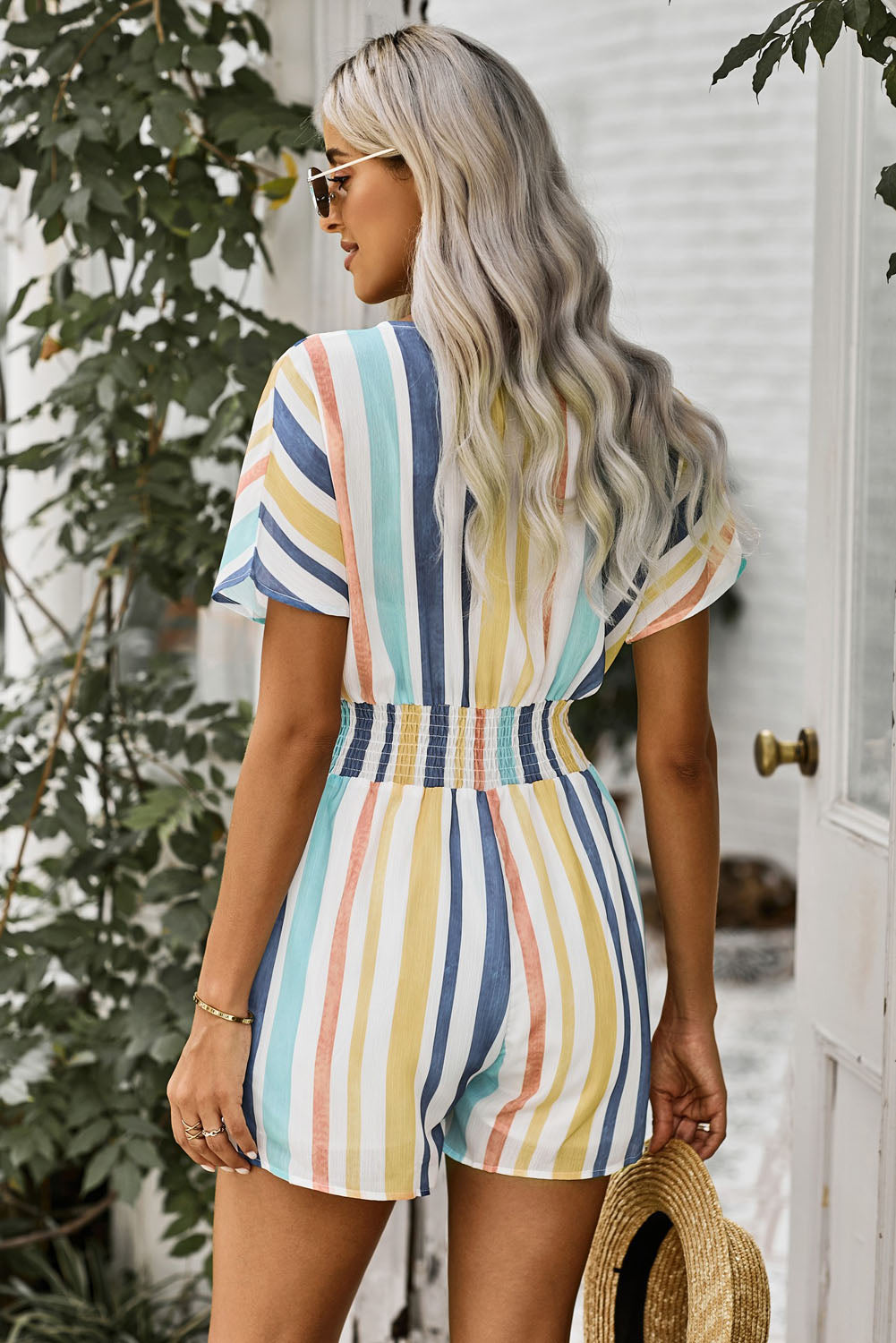 Multicolored Stripe V-Neck Smocked Waist Romper - Ryzela