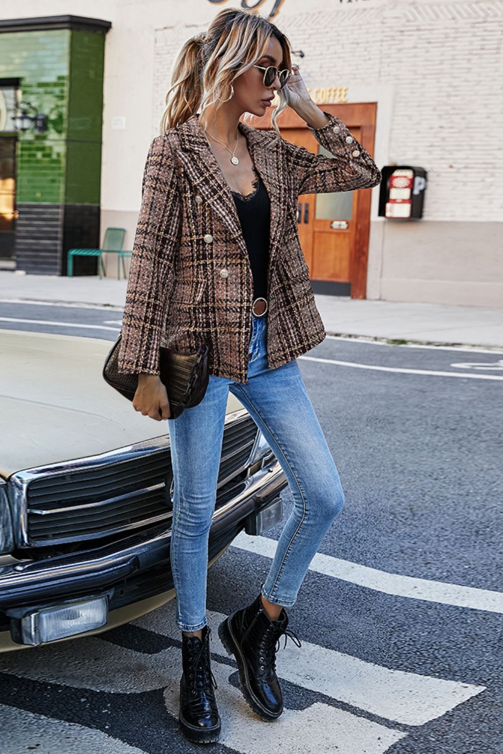 Full Size Plaid Buttoned Blazer - Ryzela