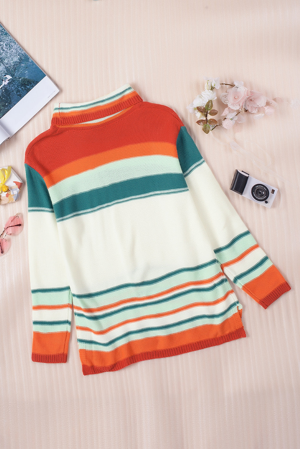 Striped Turtleneck Drop Shoulder Sweater  Trendsi   