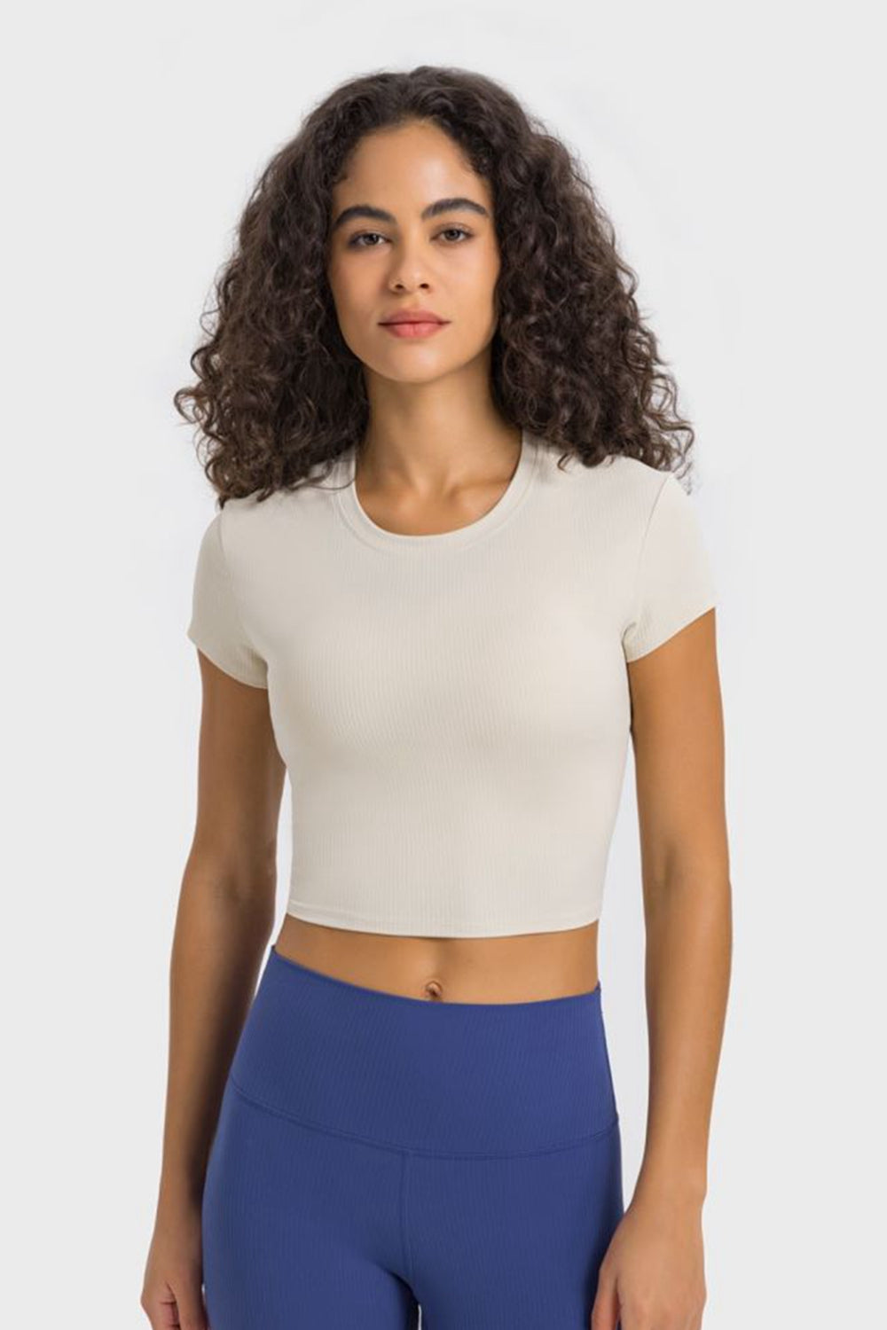 Round Neck Short Sleeve Cropped Sports T-Shirt  Trendsi Ivory 4 