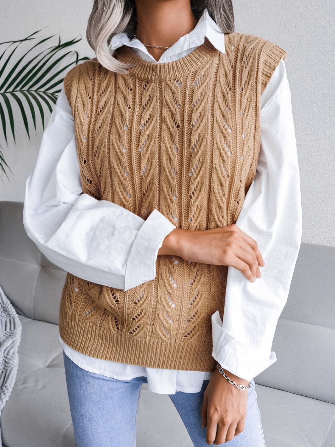 Round Neck Openwork Capped Sleeve Sweater Vest - Ryzela