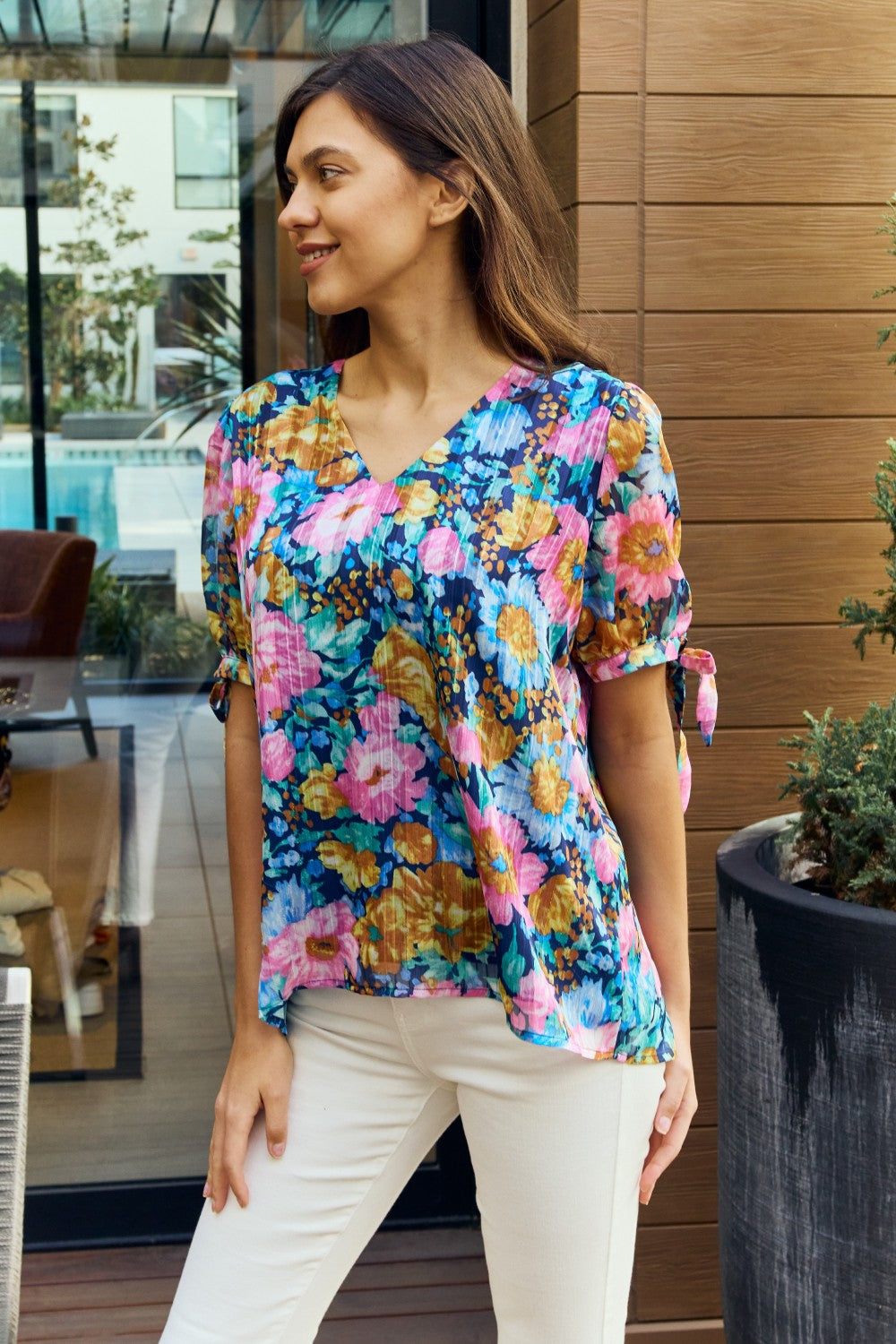 Petal Dew Full Size Floral V-Neck Tie Detail Blouse  Trendsi Navy/Pink S 