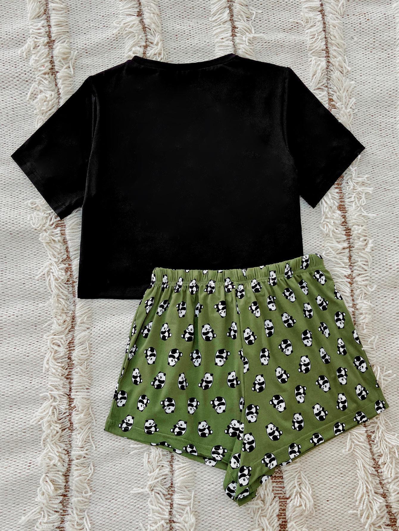 Graphic Tee and Panda Print Shorts Lounge Set - Ryzela