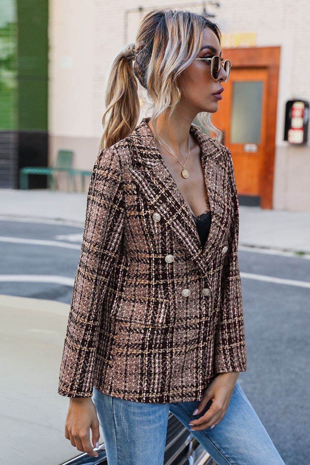 Full Size Plaid Buttoned Blazer - Ryzela