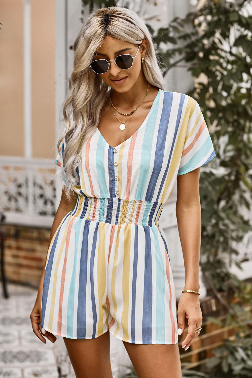 Multicolored Stripe V-Neck Smocked Waist Romper - Ryzela